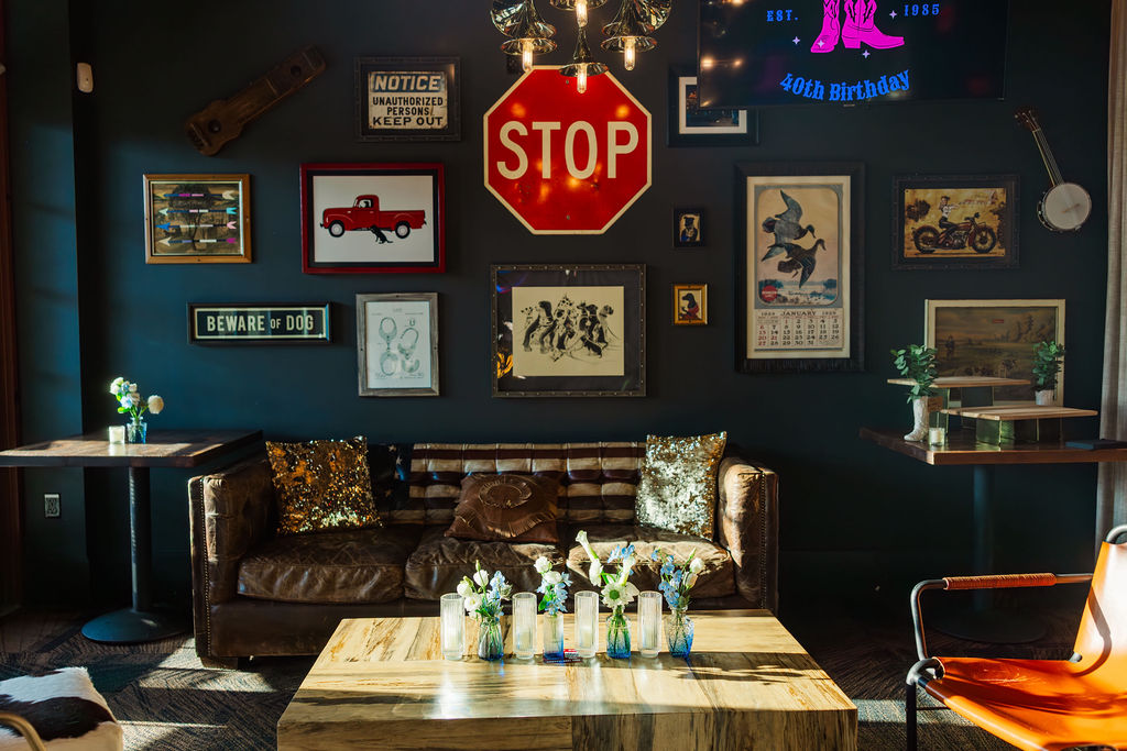 Seating area for guests to mingle during Stephanie's birthday party at Ole Red