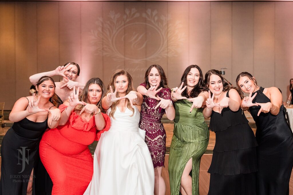 bride and bridesmaids at wedding reception