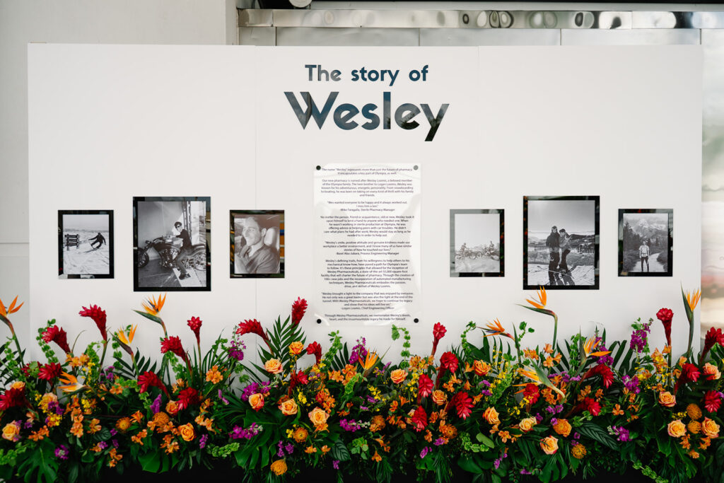 oversized story board installation showcasing Wesley Pharmaceuticals grand opening in Orlando
