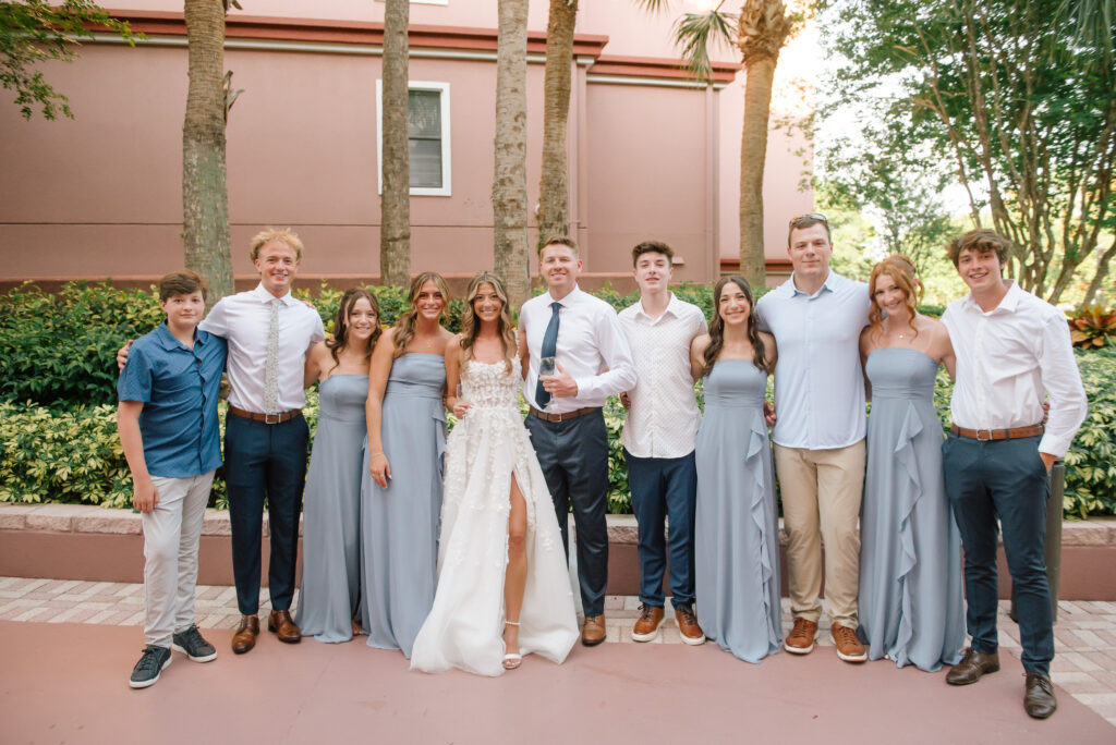 Outdoor wedding portraits for the newlyweds and wedding guests after the wedding ceremony, 